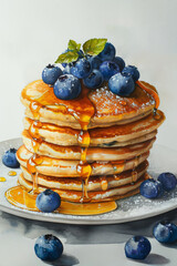 Sticker - Pancakes sprinkled with honey and decorated with blueberries watercolor