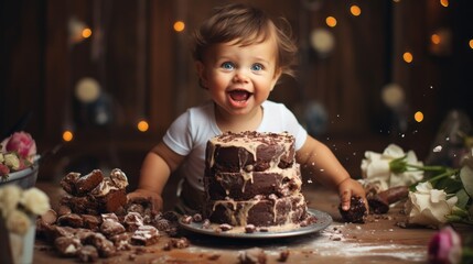 Wall Mural - A baby is sitting on the floor with a cake in front of him