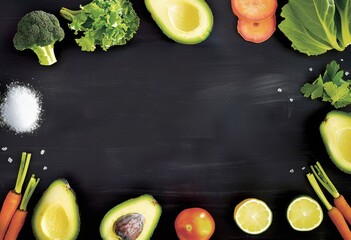 Wall Mural - A black background with a variety of vegetables including broccoli, carrots