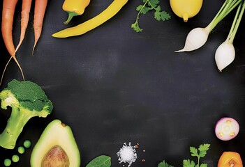 Wall Mural - A black background with a variety of vegetables including broccoli, carrots