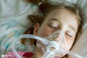 girl 5 years wearing oxygen mask sleeping in bed, recovering after sickness in hospital ward. genera