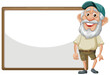 Cartoon elderly man standing next to empty board