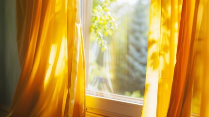 Wall Mural - Yellow curtains gently sway in the breeze beside the room's window.