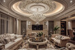 A ceiling adorned with a large, intricate medallion from which a crystal chandelier descends, adding a touch of elegance to a luxurious living room.