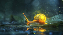 A Snail With A Neon Yellow Light Trail, Crawling On A Wet Leaf In A Misty Morning