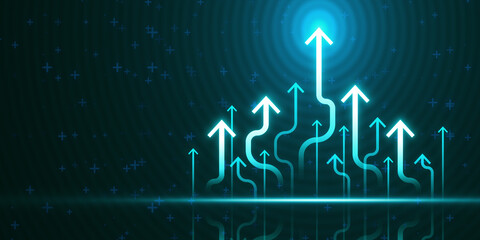 Poster - Arrows pointing upwards on a digital neon blue background, representing growth or progress in technology or data network concepts. 3D Rendering