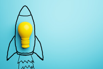 Poster - Creative spaceship sketch and yellow lamp on blue background with mock up place. Start up, new business ideas and launch concept. 3D Rendering.