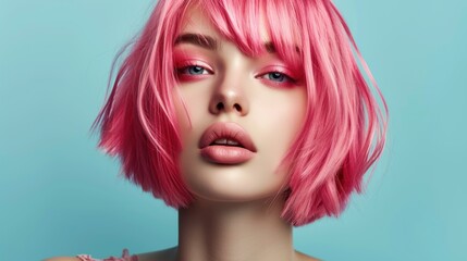 Wall Mural - Beauty Fashion Model Portrait pink hair color. Bob Short Haircut. Fringe Hairstyle. Hairdressing. Beautiful Glamour Girl with Short blonde hair