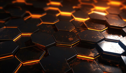 Poster - Abstract metallic texture hexagon pattern with glowing orange red flame on black grey background technology style. Modern futuristic honeycomb concept.