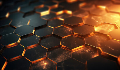 Poster - Abstract metallic texture hexagon pattern with glowing orange red flame on black grey background technology style. Modern futuristic honeycomb concept.