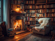 Nestled by the fireplace, a cozy reading nook beckons with a worn-out armchair, shelves brimming with books, and a fluffy rug adorning the wooden floor