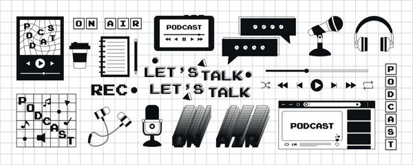 Poster - Big set of podcast stickers in a trendy y2k style in a monochrome palette. Old computer aesthetics from the 90s, 00s. Retro PC elements, user interface