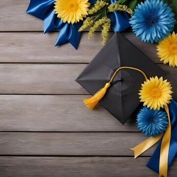 graduation cap with tassel ribbon yellow and blue flowers on wooden planks