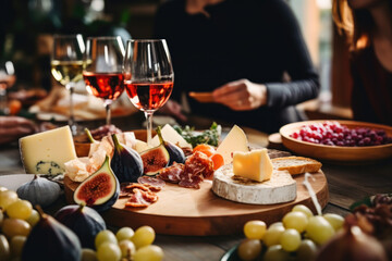 Wall Mural - Friends having a wine tasting party in a rustic winery, with varieties of cheeses and figs on a beautifully decorated table