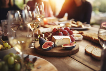 Wall Mural - Friends having a wine tasting party in a rustic winery, with varieties of cheeses and figs on a beautifully decorated table