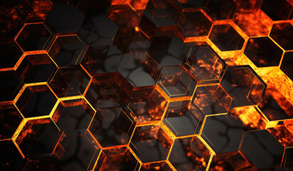 Wall Mural - Abstract metallic texture hexagon pattern with glowing orange red flame on black grey background technology style. Modern futuristic honeycomb concept.