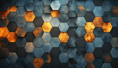 Canvas Print - Abstract metallic texture hexagon pattern with glowing orange red flame on black grey background technology style. Modern futuristic honeycomb concept.