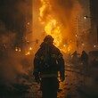Brave firefighter walks towards massive blaze, urban heroism captured. city emergency in action. dramatic and heroic scene. generative AI