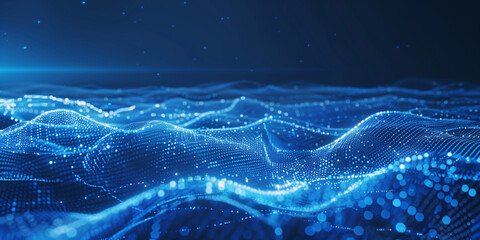 Fototapete - a dynamic digital landscape of blue light particles creating a wave-like pattern, signifying a visualization of data flow or technology concept, and the aspect ratio appears to be panoramic 