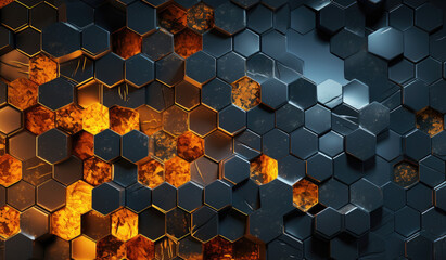 Poster - Abstract metallic texture hexagon pattern with glowing orange red flame on black grey background technology style. Modern futuristic honeycomb concept.