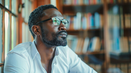 Portrait of an handsome black African American man in his 40s wearing glasses with formal slick hairstyle and smooth face wearing a white shirt in a luxury ancient library