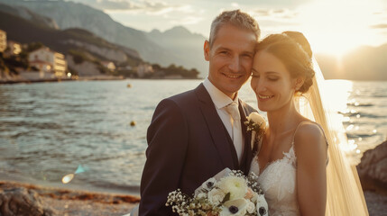 Happy bride and groom mature couple on wedding day on the beach