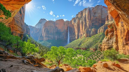 Poster -  red rock cliff wall with waterfalls in the lush green