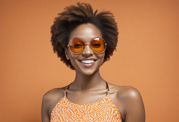 Wall Mural - Portrait of smiling black woman with trendy sunglasses on orange wall backdrop colorful background