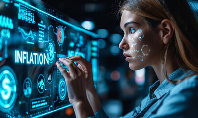 Poster - Business Professional Analyzing Inflation Trends and Economic Indicators Using Interactive Digital Interface with Financial Icons