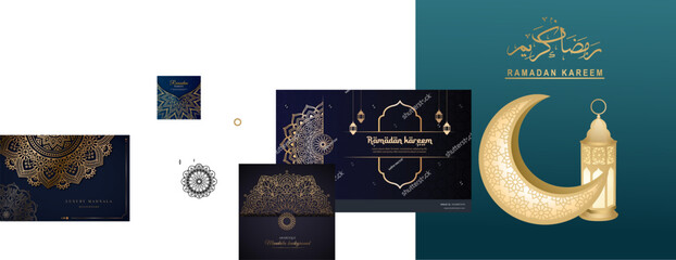 islamic greeetings ramadan kareem card design with lanterns and crescent