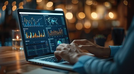 Fototapete - Close-up hand of businessman working on laptop showing AI business analysis dashboard with charts. Generative AI.