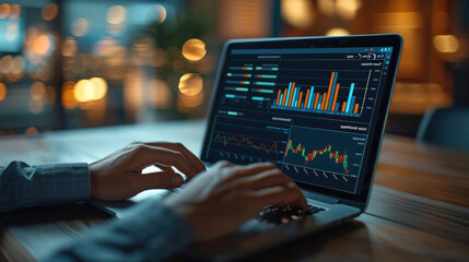 Leinwandbilder - Close-up hand of businessman working on laptop showing AI business analysis dashboard with charts. Generative AI.