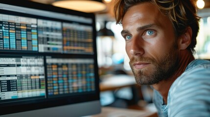 Poster - Close-up of person reviewing a detailed budget spreadsheet on a computer screen. Generative AI.