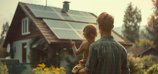 Poster - A father holding his daughter pointing at the roof of their house with solar panels on it. Generative AI.