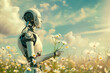 artificial intelligence robot standing in daisy flowers, spring season, futuristic, generative by ai