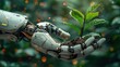 A robot hand holding a plant. The robot hand is holding the plant in a way that it looks like it is being nurtured