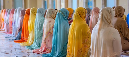 Sticker - Muslim hijab woman worship at mosque. Generative AI technology.	
