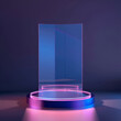 Purple and blue glass podium display with light . 3D product display.