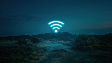 Wall Mural - A glowing wifi symbol is lit up in the night sky. Concept of connectivity and the importance of staying connected in today's world