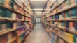 A blurry shot of a library with shelves of books. The books are of different colors and sizes, and the shelves are filled with them. Concept of depth and vastness, as well as the idea of knowledge