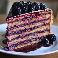 Wall Mural - a slice of a multi-layered cake with a luscious dark purple or blackberry-colored crumb. The cake has at least three layers, each separated by a glossy, rich berry
