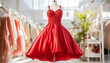 Short bridesmaid red dress on salon background. Elegant woman guest red wedding gown. Cocktail dress. Special occasion graduation attire. Festive dressy outfit. Birthday party, anniversary eveningwear