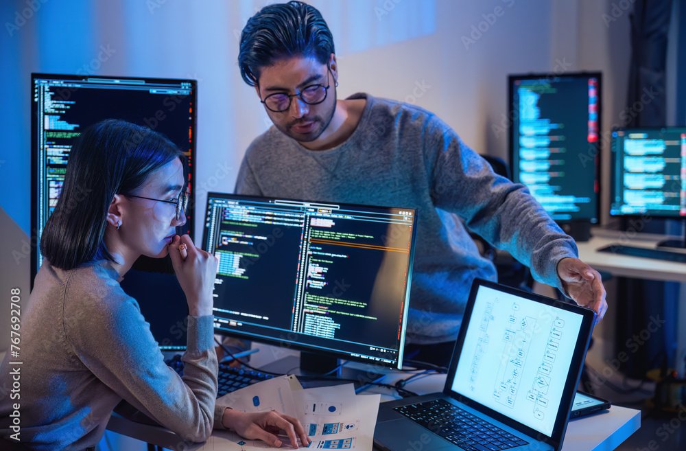 asian and Indian Developer devops team discussion about coding promgram ...