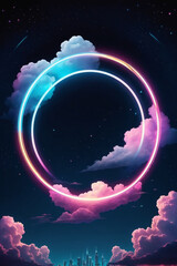 Poster - Abstract cloud illuminated with neon light ring on dark night sky. Glowing geometric shape, round frame
