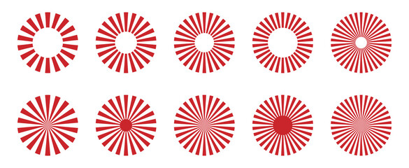Poster - Set of red radial patterns – Simple red radial stripes – Set of isolated sunbursts on a white background