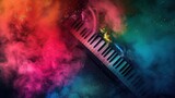 Fototapeta  - isolated keyboard piano with colorful paint powder in the background. Creative rainbow music artwork