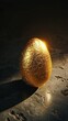 A golden egg is sitting on a rocky surface. The egg is cracked and has a rough texture. The scene is dark and moody, with the egg standing out as the focal point