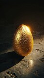 Fototapeta  - A golden egg is sitting on a rocky surface. The egg is cracked and has a rough texture. The scene is dark and moody, with the egg standing out as the focal point