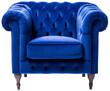 Blue armchair in frontal view with transparent background