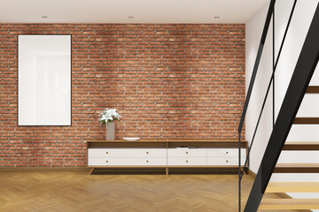 Wall Mural - 3d rendering of interior space with credenza and frame mockup. Red brick wall and heringbone parquet floor background. Set 12